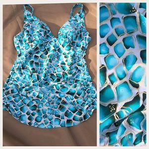 Teal & metallic gold rouched tankini